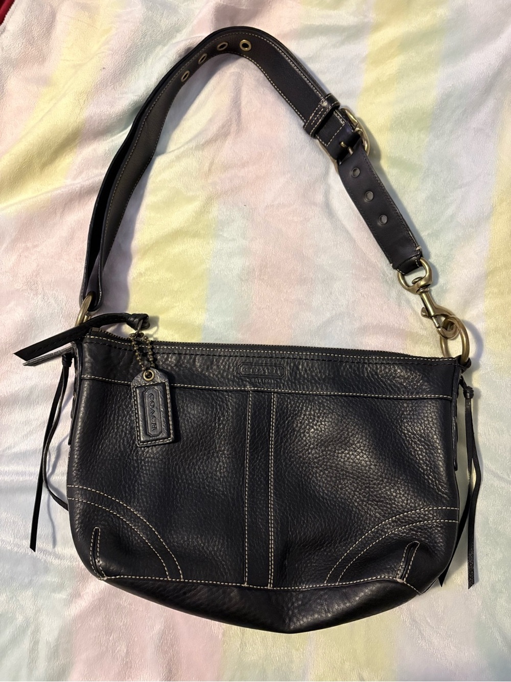 Coach Black Pebbled Leather Shoulder Hobo with Contrast Stitching